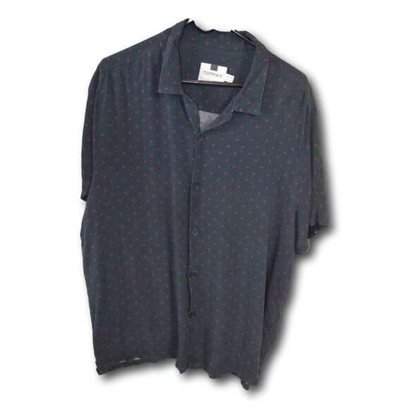 TOPMAN Casual Button Down Shirt – Navy with Red Dots – XXL – 100% Rayon - Picture 2 of 3